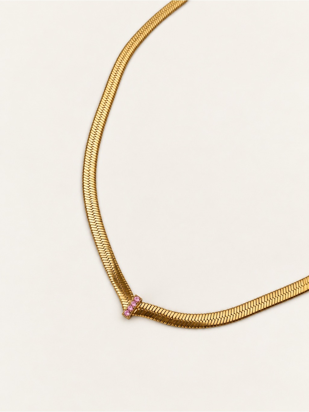 18K Gold Tone Snake Chain Necklace Pink Herringbone Stainless Steel Choker